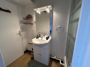 une salle de bain blanche avec un lavabo et un miroir dans l'établissement Studio cosy en centre-ville, proche Thermes - FR-1-541-135, à La Roche-Posay