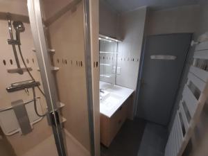 a small bathroom with a sink and a mirror at T2 lumineux avec Wi-Fi au centre de La Roche-Posay - FR-1-541-124 in La Roche-Posay