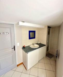 a small bathroom with a sink and a shower at Maison entre Rennes et St-Malo in Saint-Pierre-de-Plesguen