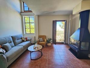 a living room with a couch and a fireplace at Casa Cincilia in Chinchilla de Monte Aragón