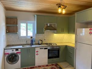a kitchen with green cabinets and a white refrigerator at Magnificent sunset view in Fethiye