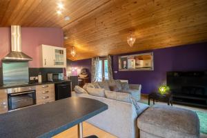 a living room with couches and a kitchen with purple walls at Beveren Lodge - Still Rabbit - Hot Tub - Yorkshire in Selby +11 photos