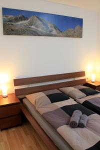 two beds in a bedroom with two lamps and a painting at Apartments Gamsfeld in Russbach am Pass Gschütt