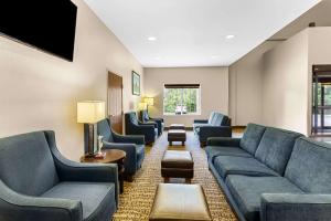 a waiting room with couches and chairs and a tv at Comfort Suites Grayslake near Libertyville North in Grayslake