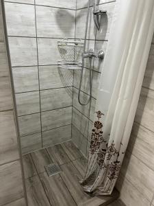 eine Dusche mit Duschvorhang im Bad in der Unterkunft Leśna Ostoja in Radowo Małe