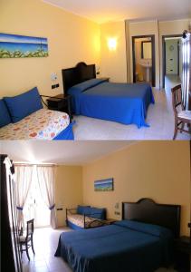 two pictures of a hotel room with two beds at B&B Miramare in Giardini Naxos