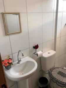un bagno con lavandino, WC e specchio di Casa de campo a Paty do Alferes