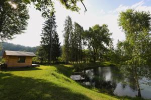 a cabin next to a lake in a park at Haus am Fischteich in Feistritz ob Bleiburg