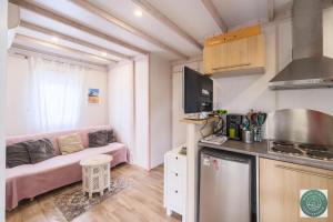 małą kuchnię i salon z kanapą w obiekcie Parc résidentiel les vignes w mieście Lit-et-Mixe