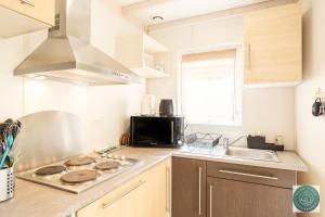 kuchnia z kuchenką górny piekarnik obok zlewu w obiekcie Parc résidentiel les vignes w mieście Lit-et-Mixe +15 zdjęć