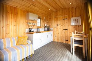 a kitchen with wooden walls and a couch in a room at Head For The Hills Glamping - Skylark Shepherd's Hut in Llanfynydd