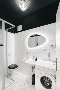 y baño con lavamanos y lavadora. en Homely Apartments Parken Wlan Küche Altstadt-SBahn-DD, Elbufer, en Meißen 22 fotos más
