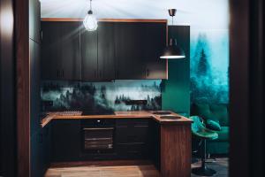 a kitchen with black cabinets and a green wall at Apartament Panorama in Mława