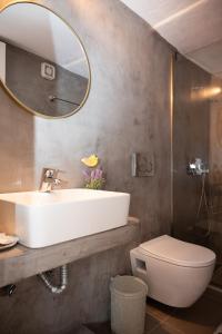 a bathroom with a sink and a toilet and a mirror at Sweet Stone Cottage in Tsagarada +32 photos