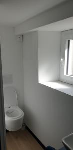 a white bathroom with a toilet and a window at Le studio in Carhaix-Plouguer +10 photos