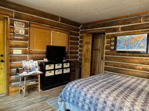 a bedroom with a bed and a flat screen tv at Cozy Canyon Cabin in Vernal