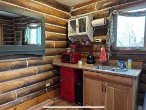 a kitchen in a log cabin with a sink and a microwave at Cozy Canyon Cabin in Vernal