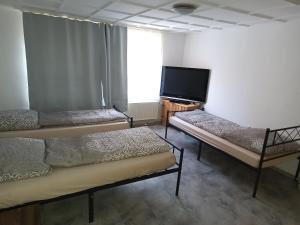 ein Zimmer mit zwei Betten und einem Flachbildfernseher in der Unterkunft OCTOPUS-1 Monteurwohnung in Zentrum! 2-zkb in 1og in Hofgeismar