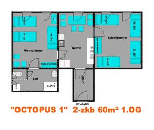 ein Grundriss eines Hauses in der Unterkunft OCTOPUS-1 Monteurwohnung in Zentrum! 2-zkb in 1og in Hofgeismar