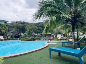 a pool with a blue bench next to a palm tree at Markhouse Bungalow Ko Kut in Ko Kood