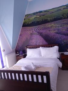 a bedroom with a bed with a painting on the wall at Pensiunea Lina in Lepşa