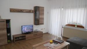 a living room with a couch and a tv on a table at Haus Gertrud in Carolinensiel