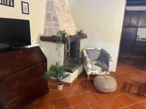 een woonkamer met een stoel en een open haard bij Bilocale Dafne Abbadesse Guest House in Milaan