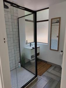 un baño con lavabo y espejo en Gordon's Bay Sunset View, en Ciudad del Cabo