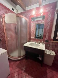 een roze badkamer met een wastafel en een douche bij Bilocale Dafne Abbadesse Guest House in Milaan +23 foto's