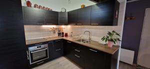 a kitchen with black cabinets and a sink at Bleautiful "Blanche" Charmant duplex tout confort in Fontainebleau