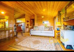 ein Wohnzimmer mit einer weißen Couch und einer Küche in der Unterkunft Rainbow Petty - Romney Marsh, Kent in Brookland