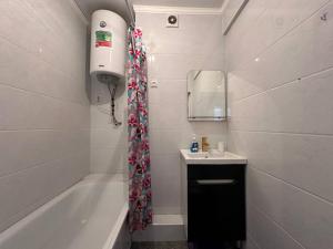 比什凯克1bedroom Royal on Zhumabeka 232的带浴缸、水槽和淋浴的浴室