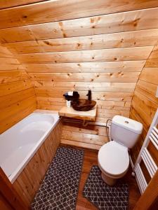 a wooden bathroom with a toilet and a bath tub at Casa Ale in Roşia Montană