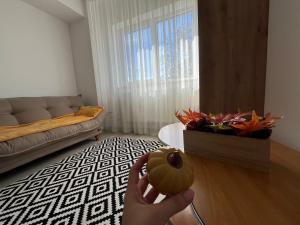a person holding a doughnut in a living room at Adam Home Ap in Fălticeni