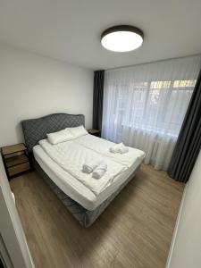 a bedroom with a bed and a large window at Moncerat in Šiauliai