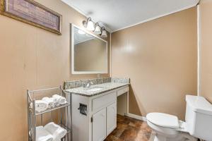a bathroom with a sink and a toilet and a mirror at Fire Pit and Grill Victoria Home Near Downtown in Victoria +17 photos