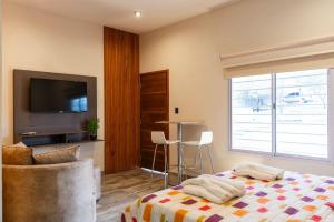a bedroom with a bed and a flat screen tv at Apart de Sierras in Nono