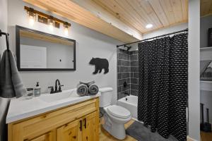a bathroom with a sink and a toilet and a shower at Lazy Bear in Sevierville +41 photos
