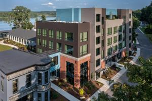 an overhead view of a building with a street at voco James Newbury Hudson Valley by IHG in Coxsackie