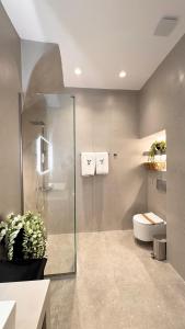 a bathroom with a glass shower and a toilet at Angel Syros Luxury Apartment in Ermoupoli +49 photos