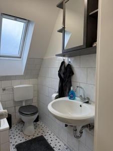 a bathroom with a sink and a toilet and a mirror at Hammer Wohnung in Hamm