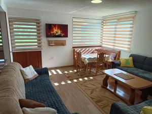 トラヴニクにあるApartmani Vila Alpeのリビングルーム(ソファ、暖炉付きテーブル付)