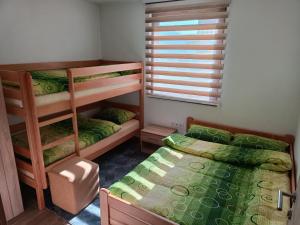 トラヴニクにあるApartmani Vila Alpeの二段ベッド2台と窓のある寝室