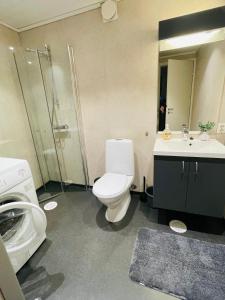 a bathroom with a toilet and a sink and a shower at Fjellsporthytta nr. 4 in Sogndal +44 photos
