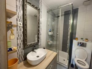 a bathroom with a sink and a shower and a toilet at Comfy & Cozy Apartment - parking in Karaburma +23 photos