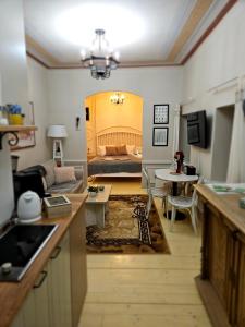 a kitchen and living room with a view of a bedroom at Apartmán Marína in Banská Štiavnica