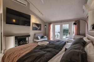 a living room with a large bed and a tv at Skyline Villa Indoor Pool Hot Tub in Millard