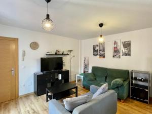 希洪Apartamento casco histórico Gijón的客厅里有一张绿色的沙发和一台电视