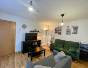 希洪Apartamento casco histórico Gijón的客厅里有一张绿色的沙发和一台电视 更多3张照片