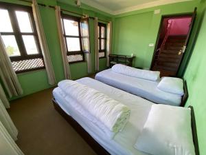 two beds in a room with green walls and windows at The Nest Guest House in Changunarayan